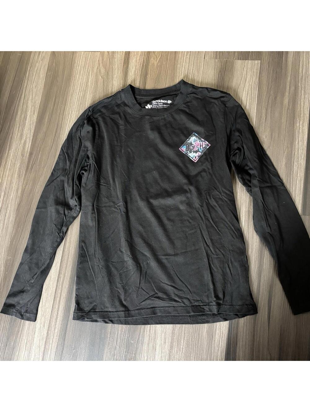 Dutch Bros Long Sleeve Shirt Size Medium Unisex Black Crewneck Floral Logo